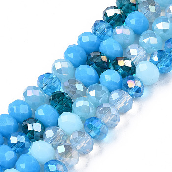 Electroplate Glass Beads Strands, Faceted, Rondelle, Deep Sky Blue, 5.5~6x5mm, Hole: 1mm, about 90~92pcs/strand, 16.54~16.93''(42~43cm)