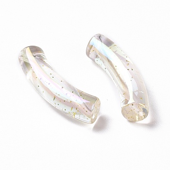 UV Plating Iridescent Transparent Acrylic Beads, with Glitter Powder, Curved Tube, Clear, 32~33x10x8mm, Hole: 1.6mm