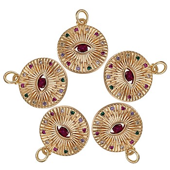 5Pcs Brass Micro Colorful Pave Cubic Zirconia Pendants, Flat Round with Eye, Golden, 15.7mm