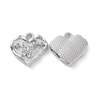 Alloy Crystal Rhinestone Pendants, Heart with Butterfly Charms, Platinum, 14x15x3mm, Hole: 1.6mm