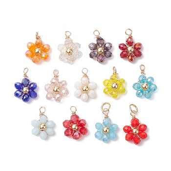 Glass Beaded Pendants, with Alloy Wire Wrapped Findings, Flower Charms, Mixed Color, 15~17x11x4mm, Hole: 2~4mm