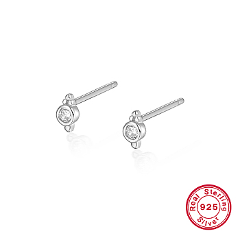 Sterling Sliver Stud Earrings, with Cubic Zirconia, with 925 Stamp, Platinum, 5.1mm