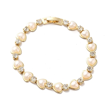 Rack Plating Iron Heart & Square Link Chain Bracelet with Clear Cubic Zirconia, Plastic Pearl Beads Bracelet for Women, Golden, Bisque, 7-5/8 inch(19.5cm)