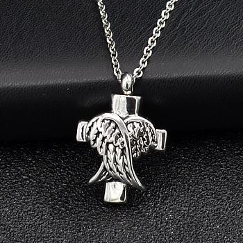 Cross and Wings Urn Ashes Pendant Necklaces, Alloy Memorial Jewelry for Men Women, Antique Silver, 19.69 inch(50cm)