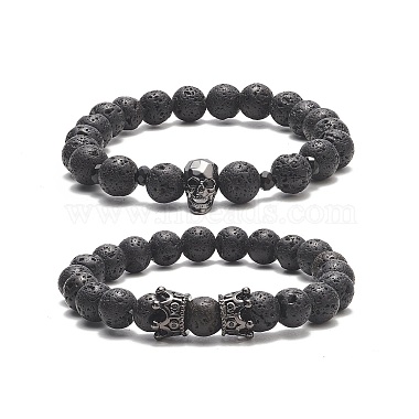 Ensemble de bracelets extensibles perlés en laiton et pierre de lave naturelle 2 pièces 2 styles(BJEW-JB09244-03)-4