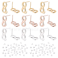 18Pcs 3 Colors 304 Stainless Steel Stud Earring Findings, with 316 Surgical Stainless Steel Pins and Vertical Loops, Infinity, with 50Pcs Plastic Ear Nuts, Mixed Color, 17x7mm, Hole: 2.5mm, Pin: 0.7mm, 6Pcs/color(STAS-DC0010-87)
