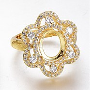 Adjustable Brass Micro Pave Clear Cubic Zirconia Finger Ring Components, 4 Claw Prong Ring Settings, Long-Lasting Plated, Flower, Clear, Golden, US Size 7, Inner Diameter: 17.3mm, Tray: 10x8mm(ZIRC-I049-12G)