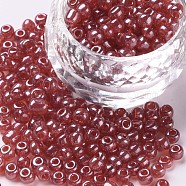 Glass Seed Beads, Trans. Colours Lustered, Round, Crimson, 4mm, Hole: 1.5mm, about 450pcs/50g, 50g/bag, 18bags/2pound(SEED-US0003-4mm-105B)