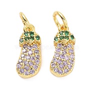 Brass Micro Pave Cubic Zirconia Pendants, with Jump Rings, Long-Lasting Plated, Cadmium Free & Lead Free, Eggplant, Light Gold, 13x6x3mm(ZIRC-A023-01LG)