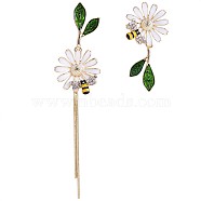 Daisy & Bee Enamel Asymmetric Earrings, Golden Alloy Long Tassel Dangle Stud Earrings for Women, Green, 91x20mm, 42x20mm, Pin: 0.7mm(JE963A)