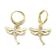 Dragonfly Real 18K Gold Plated Brass Dangle Leverback Earrings, with Enamel and Cubic Zirconia, White, 30x17.5mm(EJEW-L268-011G-02)