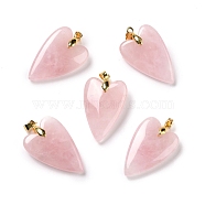 Natural Rose Quartz Pendants, with Rack Plating Golden Plated Brass Findings, Long-Lasting Plated, Heart, 32~34x20x8mm, Hole: 4x4mm(G-E570-01G-06)
