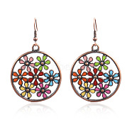 Alloy Enamel Dangle Earrings, Ring with Flower, Colorful, Red Copper, 58x34mm(EJEW-F238-16)