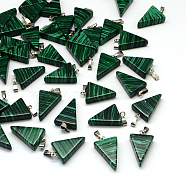 Triangle Dyed Malachite Pendants, with Platinum Tone Brass Findings, 22~25x14~15x5~7mm, Hole: 2x7mm(G-Q356-10)