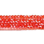 Transparent Electroplate Glass Beads Strands, Pearl Luster Plated, Faceted, Bicone, Red, 2.9~3.3x2.5mm, Hole: 0.7mm, about 145~150pcs/strand, 16.34~16.54 inch(41.5~42cm)(EGLA-A039-T2mm-A14)