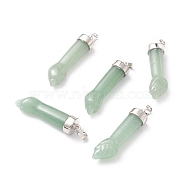 Natural Green Aventurine Pendants, with Platinum Tone Brass Findings, Figa Hand Shapes, 43~48x12x8.6mm, Hole: 8x4.6mm(G-K322-01A)