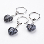 Natural Snowflake Obsidian Keychain, with Platinum Iron Findings, Heart, 72mm(KEYC-F019-02A)