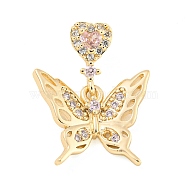 Rack Plating Brass Micro Pave Clear Cubic Zirconia Pendants, Long-Lasting Plated, Lead Free & Cadmium Free, Butterfly with Heart, Pink, Real 14K Gold Plated, 22.5x117x3.5mm, Hole: 4.5x2.5mm(KK-F089-01G)