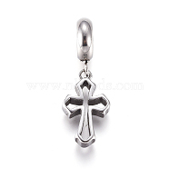 304 Stainless Steel European Dangle Charms, Large Hole Pendants, Cross, Antique Silver, 10mm, Cross: 16x9x3mm, Hole: 5mm(OPDL-G010-03AS)