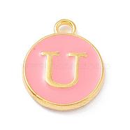 Golden Plated Alloy Enamel Charms, Enamelled Sequins, Flat Round with Alphabet, Letter.U, Pink, 14x12x2mm, Hole: 1.5mm(ENAM-Q437-14U)