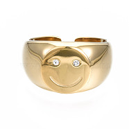 304 Stainless Steel Smiling Face Open Cuff Ring, Chunky Ring for Women, Golden, US Size 8 1/4(18.3mm)(RJEW-T023-90G)