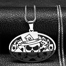 Oval with Skull 304 Stainless Steel Pendant Necklaces, with Enamel, Stainless Steel Color, 20.24 inch(51.4cm)(NJEW-K253-31P)