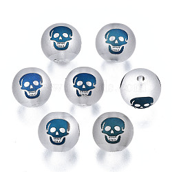 Electroplate Glass Beads, Frosted, Round with Skull Pattern, Blue, 10mm, Hole: 1.5mm, about 200pcs/bag(EGLA-T009-26H)
