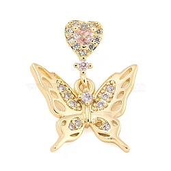 Rack Plating Brass Micro Pave Clear Cubic Zirconia Pendants, Long-Lasting Plated, Lead Free & Cadmium Free, Butterfly with Heart, Pink, Real 14K Gold Plated, 22.5x117x3.5mm, Hole: 4.5x2.5mm(KK-F089-01G)