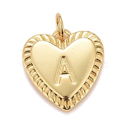 Rack Plating Real 18K Gold Plated Brass Pendants, with Jump Rings, Long-Lasting Plated, Lead Free & Cadmium Free & Nickel Free, Heart with Letter A~Z, Letter.A, 16x15x2.5mm, Jump Ring: 5x0.5mm, 3mm Inner Diameter(KK-E260-01G-A)