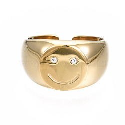 304 Stainless Steel Smiling Face Open Cuff Ring, Chunky Ring for Women, Real 14K Gold Plated, US Size 8 1/4(18.3mm)(RJEW-T023-90G)