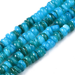 Natural Freshwater Shell Beads Strands, Dyed, Chip, Cadet Blue, 3~4x0.3~3mm, Hole: 0.6mm, about 220~225pcs/strand, 14.76 inch~15.16 inch(37.5cm~38.5cm)(SHEL-S278-067B)