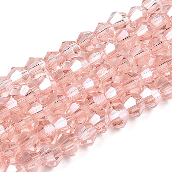 Transparent Glass Beads Strands, Faceted, Bicone, Misty Rose, 4x4mm, Hole: 0.8mm, about 82~85pcs/strand, 12.01~12.2 inch(30.5~31cm)