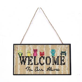 DIY Wall Decor Sign Diamond Painting Kits, Rectangle Wood Board & Owl with WELCOME, with Acrylic Rhinestone, Pen, Tray Plate, Glue Clay and Hemp Rope, Colorful, 0.3x0.3x0.1cm