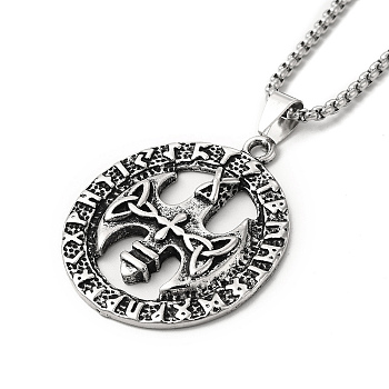 Alloy Sailor's Knot Pandant Necklace with Box Chains, Rune Words Odin Norse Viking Amulet Jewelry for Men Women, Antique Silver, 23.03 inch(58.5cm)