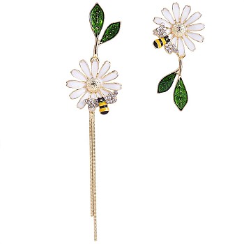 Daisy & Bee Enamel Asymmetric Earrings, Golden Alloy Long Tassel Dangle Stud Earrings for Women, Green, 91x20mm, 42x20mm, Pin: 0.7mm