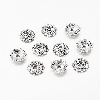Tibetan Style Alloy Bead Caps, Lead Free & Cadmium Free, Flower, Antique Silver, about 11mm in diameter, 3.5mm thick, hole: 2mm