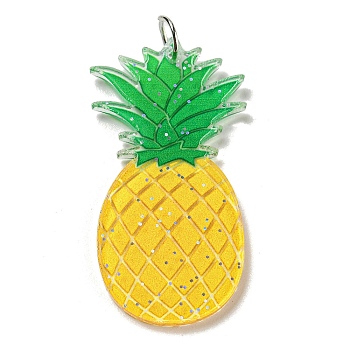 Printed Acrylic Pendants, with Iron Jump Ring, Pineapple, 44x21x2.5mm, Hole: 5.5mm