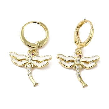 Dragonfly Real 18K Gold Plated Brass Dangle Leverback Earrings, with Enamel and Cubic Zirconia, White, 30x17.5mm