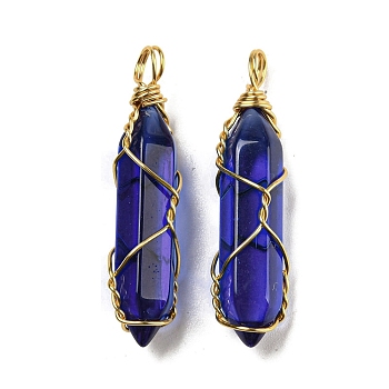 Glass Pendant, with Golden Brass Wire Findings, Bullet Charms, Dark Blue, 41~43x8.5~10x10mm, Hole: 5mm