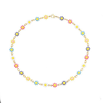 Enamel Flower Link Chains Bracelet, Golden Plated 201 Stainless Steel Jewelry for Women, Colorful, Inner Diameter: 1-3/4 inch(4.5cm)