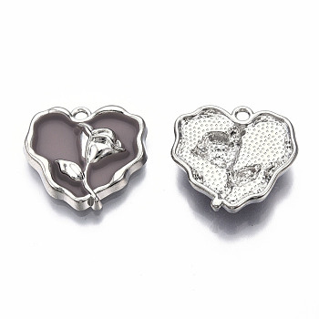 Rack Plating Alloy Enamel Pendants, Cadmium Free & Lead Free, Platinum, Heart with Rose, Rosy Brown, 20x21x4mm, Hole: 1.8mm