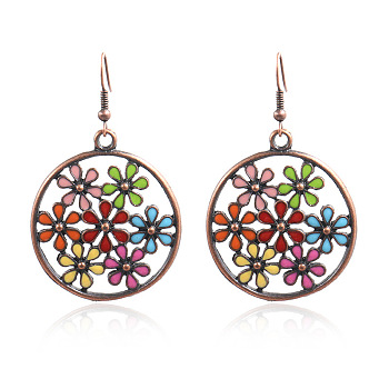 Alloy Enamel Dangle Earrings, Ring with Flower, Colorful, Red Copper, 58x34mm