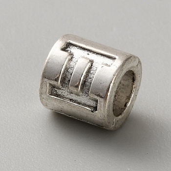 Tibetan Style Zinc Alloy European Beads, Large Hole Beads, Column with Constellation, Antique Silver, Gemini, 8~8.5x8~8.5mm, Hole: 4.5mm