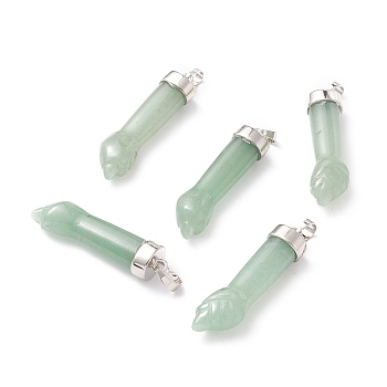 Natural Green Aventurine Pendants, with Platinum Tone Brass Findings, Figa Hand Shapes, 43~48x12x8.6mm, Hole: 8x4.6mm
