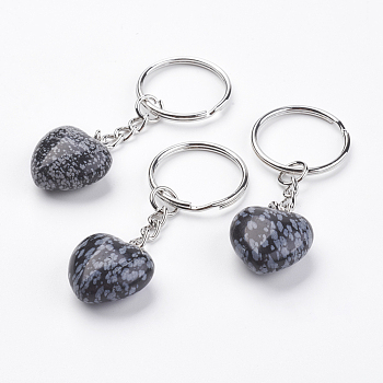 Natural Snowflake Obsidian Keychain, with Platinum Iron Findings, Heart, 72mm