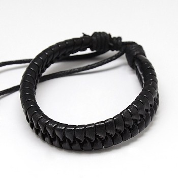 Trendy Unisex Casual Style Imitation Leather and Leather Bracelets, with Waxed Cord, Black, 58mm