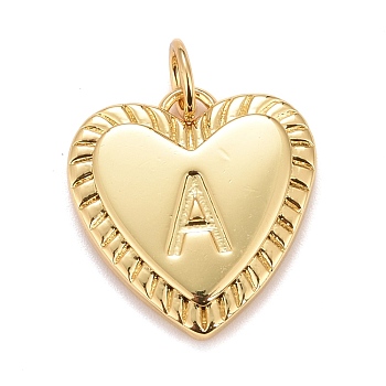Rack Plating Real 18K Gold Plated Brass Pendants, with Jump Rings, Long-Lasting Plated, Lead Free & Cadmium Free & Nickel Free, Heart with Letter A~Z, Letter.A, 16x15x2.5mm, Jump Ring: 5x0.5mm, 3mm Inner Diameter