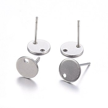 201 Stainless Steel Flat Plate Stud Earring Findings, with 304 Stainless Steel Pin, Flat Round, Stainless Steel Color, 12x8x0.8mm, Hole: 1.4mm, Pin: 0.8mm