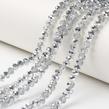 Electroplate Transparent Glass Beads Strands, Half Silver Plated, Faceted, Rondelle, Clear, 3.5x3mm, Hole: 0.4mm, about 123~127pcs/strand, 13.7~14.1 inch(35~36cm)