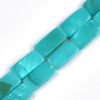 Spray Painted Freshwater Shell Beads, Rectangle, Turquoise, 14~15x7~8.5x3mm, Hole: 0.5mm, about 20~26pcs/strand, 12 inch~15.5 inch